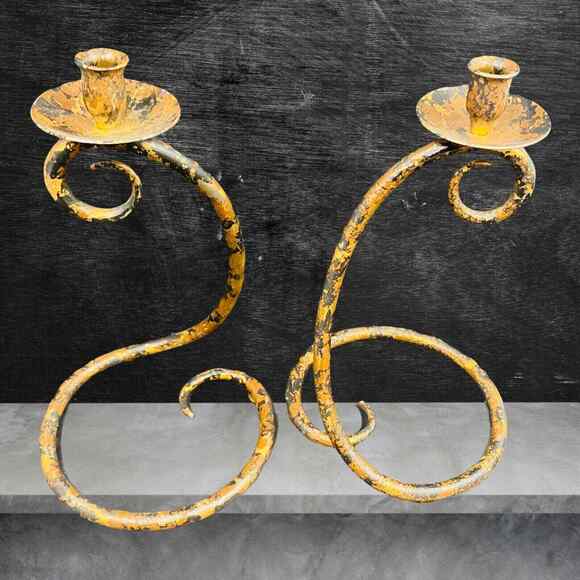 Pair of 14" Snake Serpent Scroll Camouflage Wrought Iron Candlestick Holders VTG - Picture 7 of 12